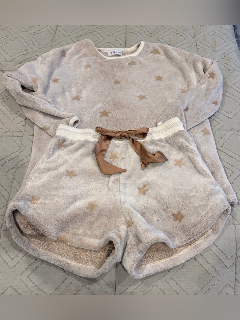 Magnolia Beige Star Pajama Set with Brown Satin Tie